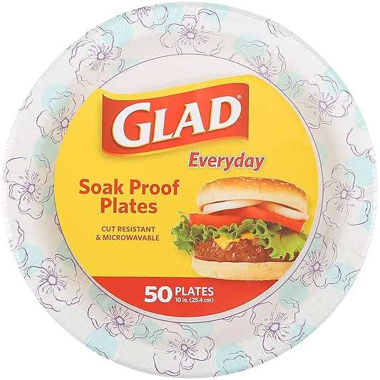 Glad Round Disposable Paper Plates, Blue Flower Design, Heavy Duty Soak Proof Cut Resistant Microwave Safe Plates for Meals, Parties, Picnics, and Events, 10 Inch, 50 Count - Image 1