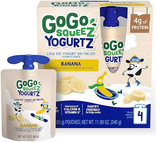 GoGo squeeZ yogurtZ Banana, 3 oz (Pack of 4), Kids Snacks Made from Real Yogurt and Fruit, Pantry Friendly, No Fridge Needed, Gluten Free and Nut Free, Recloseable Cap, BPA Free Pouches - Image 1