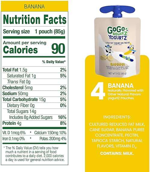 GoGo squeeZ yogurtZ Banana, 3 oz (Pack of 4), Kids Snacks Made from Real Yogurt and Fruit, Pantry Friendly, No Fridge Needed, Gluten Free and Nut Free, Recloseable Cap, BPA Free Pouches - Image 4