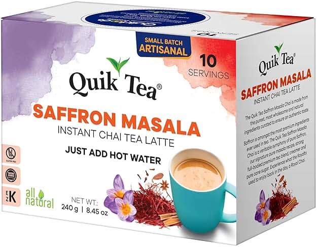 QuikTea Instant Saffron Masala Chai Tea Latte, 10 Single-Serve Sachets, Artisanal Indian Chai Latte Mix, Just Add Hot Water, Low Caffeine, Non-GMO, Gluten Free - Image 3