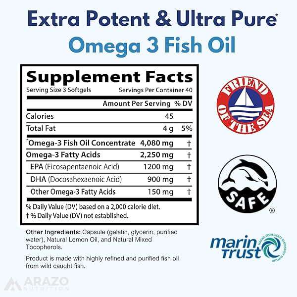 Arazo Nutrition Wild Caught Omega-3 Fish Oil Concentrate – 4,080mg per Serving – High EPA 1200mg & DHA 900mg – 120 Burpless Lemon Softgels - Image 2