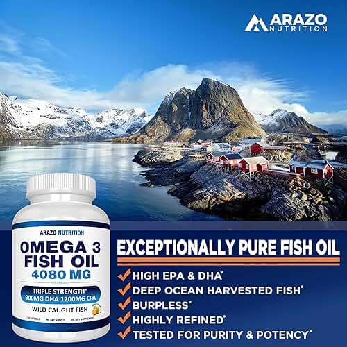 Arazo Nutrition Wild Caught Omega-3 Fish Oil Concentrate – 4,080mg per Serving – High EPA 1200mg & DHA 900mg – 120 Burpless Lemon Softgels - Image 6