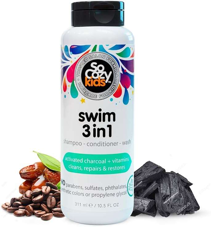 SoCozy Kids Swim 3-in-1 Shampoo, Conditioner & Body Wash - 3-in-1 Combo Pool Shampoo & Conditioner for Swimmers - Salt & Chlorine Removing Activated Charcoal - Image 1