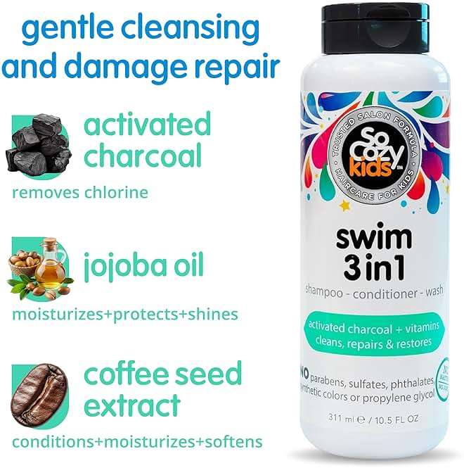SoCozy Kids Swim 3-in-1 Shampoo, Conditioner & Body Wash - 3-in-1 Combo Pool Shampoo & Conditioner for Swimmers - Salt & Chlorine Removing Activated Charcoal - Image 4