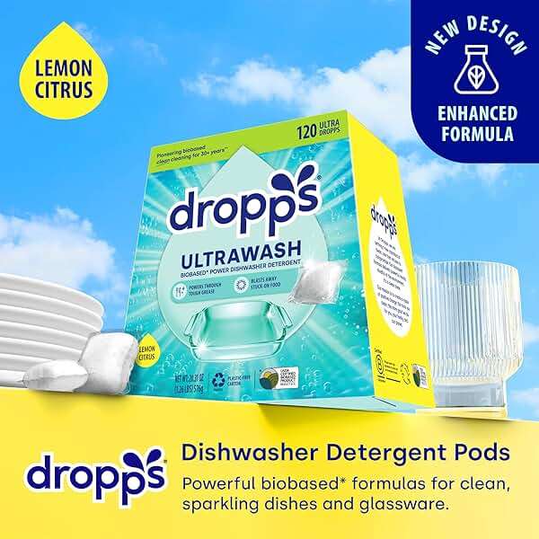Dropps UltraWash Dishwasher Detergent Pods, Lemon Citrus (120 Ct) - Cuts Grease & Stuck-On Food | Sparkling Dishes & Glasses | Residue-Free | Clean Ingredients | No Pre-Rinse | Plastic Free Packaging - Image 2