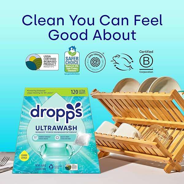Dropps UltraWash Dishwasher Detergent Pods, Lemon Citrus (120 Ct) - Cuts Grease & Stuck-On Food | Sparkling Dishes & Glasses | Residue-Free | Clean Ingredients | No Pre-Rinse | Plastic Free Packaging - Image 7