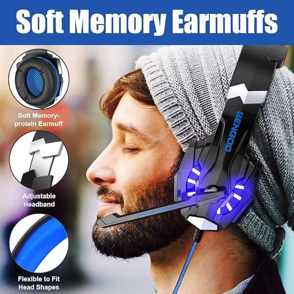 BENGOO G9000 Stereo Gaming Headset for PS4 PC Xbox One PS5 Controller, Noise Cancelling Over Ear Headphones with Mic, LED Light, 7.1 Surround Sound, Soft Memory Earmuffs for Nintendo Xbox Series X|S - Image 3