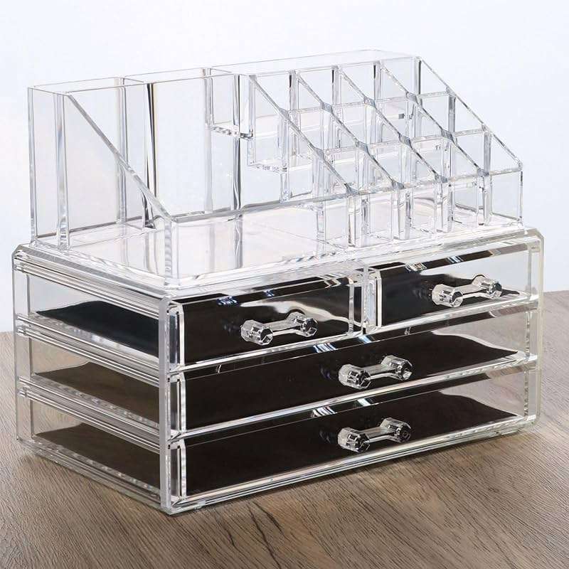 Cq acrylic Clear Make Up Organizer Countertop,Small 4 Drawers Cosmetic Storage,Cute Vanity Skincare Organizers for Jewelry,Lipstick,Makeup Brush,Beauty Product Desk and Bathroom Organizers and Storage - Image 1