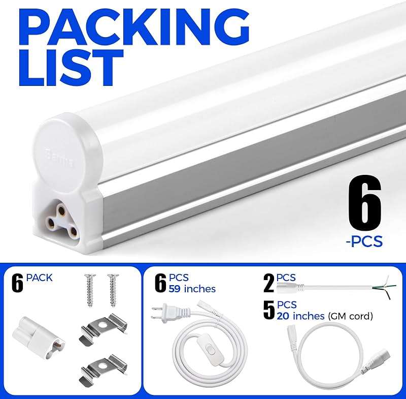 Barrina (6 Pack LED T5 Integrated Single Fixture, 4FT, 2200lm, 6500K Super Bright White, 20W Utility LED Shop Light, Ceiling and Under Cabinet Light, Corded Electric with ON/Off Switch, ETL Listed - Image 8