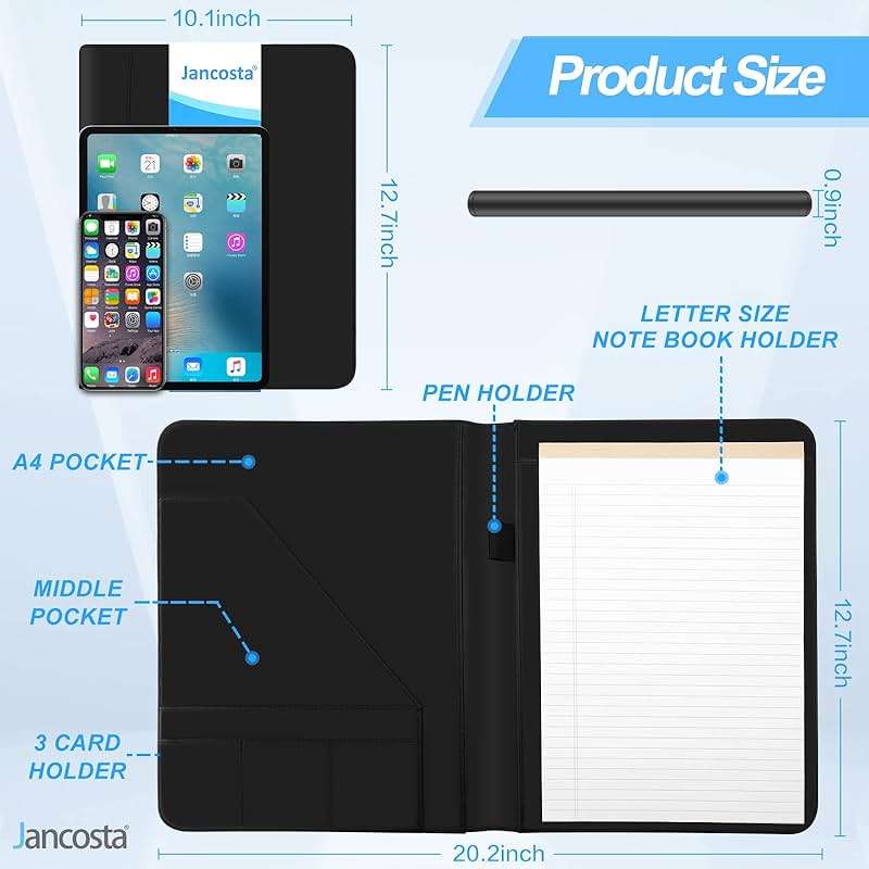 Jancosta 1 Pack Business Padfolio Portfolio Binder, Interview Resume Legal Document Organizer with Letter Size Writing Notepads (New Black 1 Pack) - Image 3