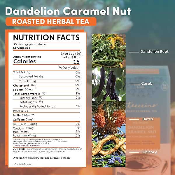 Teeccino Dandelion Caramel Nut Tea, 25 Tea Bags - Caffeine Free, Roasted Herbal Tea with Prebiotics, 3x More Herbs than Regular Tea Bags, Gluten Free, Great Hot or Iced, Herbal Tea - Image 2