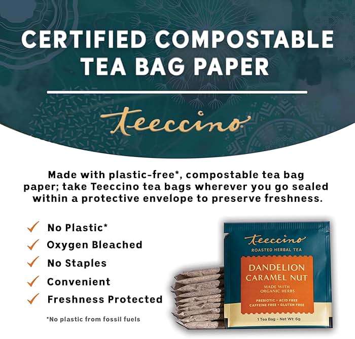 Teeccino Dandelion Caramel Nut Tea, 25 Tea Bags - Caffeine Free, Roasted Herbal Tea with Prebiotics, 3x More Herbs than Regular Tea Bags, Gluten Free, Great Hot or Iced, Herbal Tea - Image 3