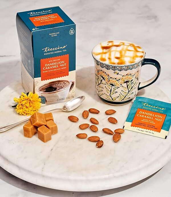 Teeccino Dandelion Caramel Nut Tea, 25 Tea Bags - Caffeine Free, Roasted Herbal Tea with Prebiotics, 3x More Herbs than Regular Tea Bags, Gluten Free, Great Hot or Iced, Herbal Tea - Image 7