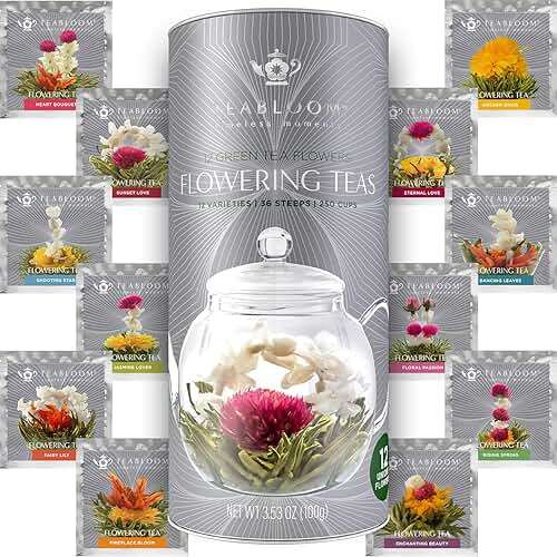 Teabloom Flowering Tea - 12 Unique Varieties of Fresh Blooming Tea Flowers - Hand-Tied Natural Green Tea Leaves & Edible Flowers - 12-Pack Gift Canister - 36 Steeps, Makes 250 Cups - Image 1