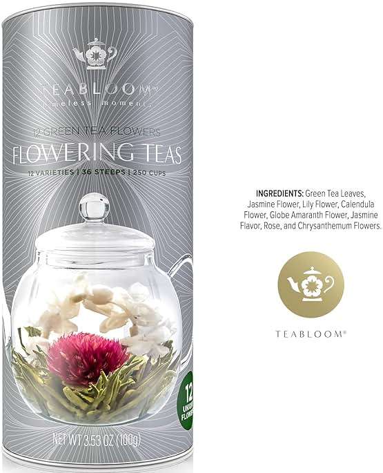 Teabloom Flowering Tea - 12 Unique Varieties of Fresh Blooming Tea Flowers - Hand-Tied Natural Green Tea Leaves & Edible Flowers - 12-Pack Gift Canister - 36 Steeps, Makes 250 Cups - Image 8
