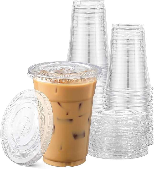 TashiBox Plastic Cups with Flat Lids 100 Sets 16 oz, Clear Crystal drink cups with lids - Image 1