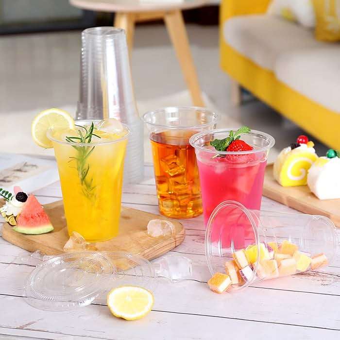 TashiBox Plastic Cups with Flat Lids 100 Sets 16 oz, Clear Crystal drink cups with lids - Image 6