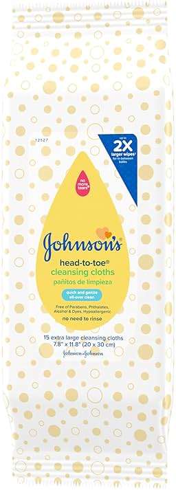 Johnson's Baby Head-to-Toe Gentle Cleansing Cloths, No Rinse, Disposable Pre-Moistened Baby Bath Wipes, Hypoallergenic Newborn Essentials, Head-to-toe Wipes, Paraben-Free 15 ct - Image 6