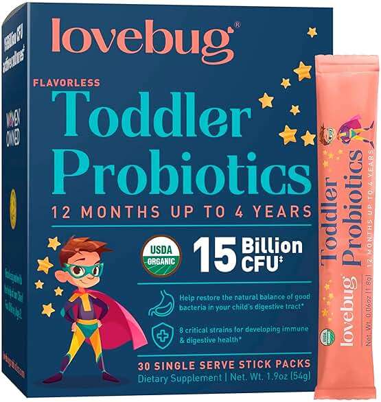 LOVEBUG Kids Probiotic Powder with Prebiotic Fiber - Toddler Immunity Support & Constipation Relief - USDA Organic Probiotics for Childrens Gut & Digestive Health (Ages 1-4) - 30 Pack (Unflavoured) - Image 1