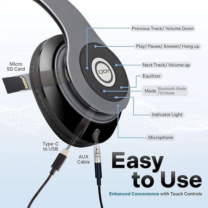 iJoy Bluetooth Headphones Over Ear, Wireless and Wired Foldable Headset Built-in Microphone - (Stealth) Adults Kids Men Women - Audifonos Auriculares Inalambricos - Image 4