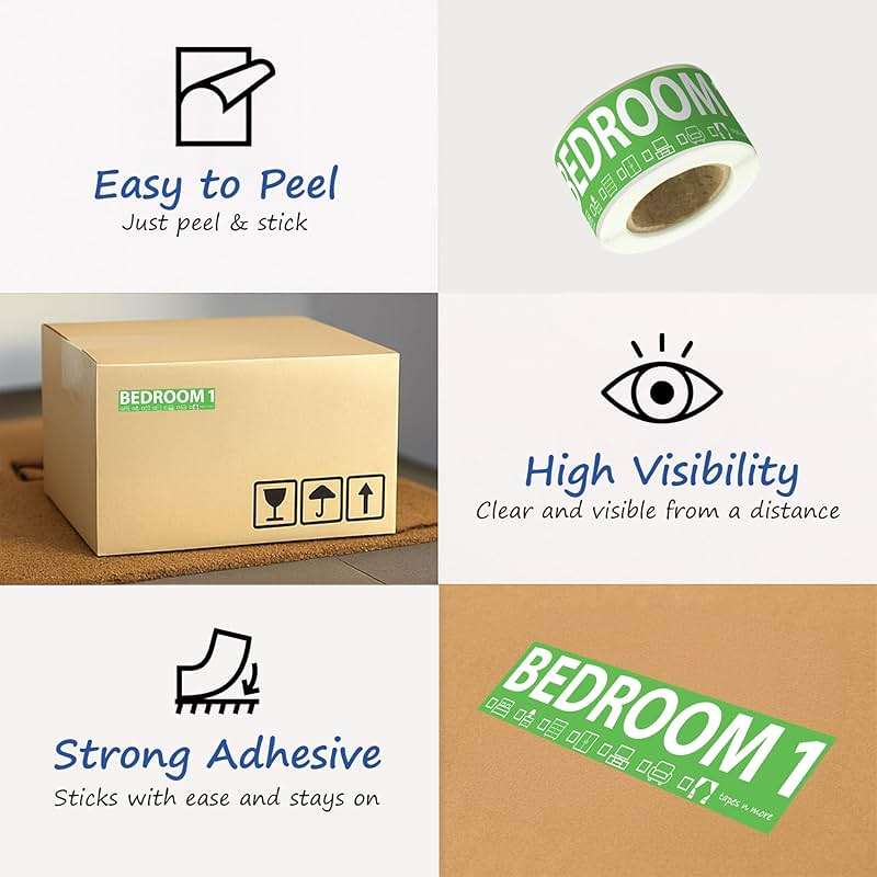 600 Home Moving Labels for 3 Bedroom House — 12 Color-Coded Room Labels (50 Each) + Fragile Stickers for Moving Boxes, Supplies, Wardrobe Boxes, Apartment Moves - Image 4