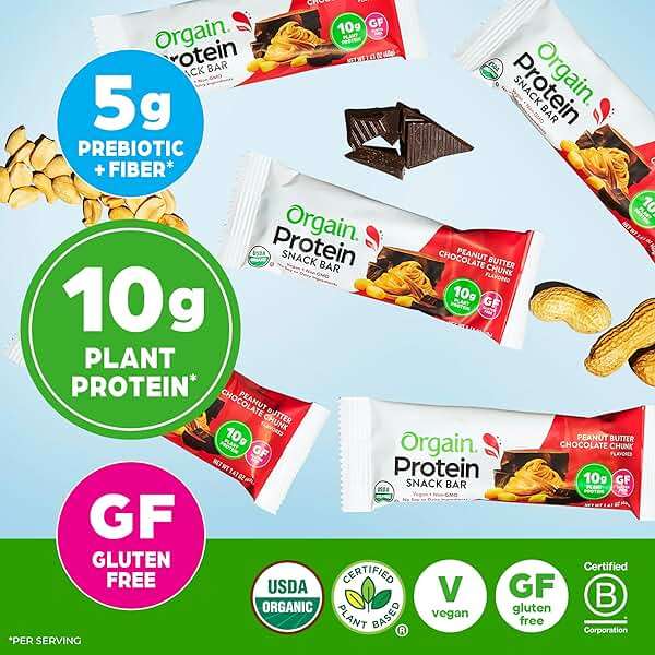 Orgain Organic Vegan Protein Bars, Peanut Butter Chocolate Chunk - 10g Plant Based Protein, Low Calorie Healthy Snacks, No Lactose or Soy Ingredients, Gluten Free, Non-GMO - 1.41 Oz (Pack of 12) - Image 3