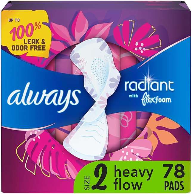 Always Radiant Feminine Pads for Women, Flexfoam Pads with Wings, Size 2, Heavy Absorbency, Lightly Scented, 78 Count (3 Packs of 26) - Image 1