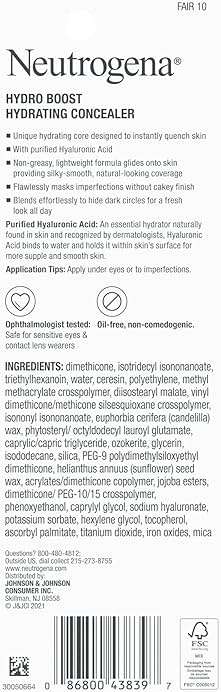Neutrogena Hydro Boost Hydrating Concealer Stick, Oil-Free, Lightweight Cover-Up Makeup with Hyaluronic Acid Refreshes Dry Skin & Provides Buildable Coverage, 10 Fair, 0.12 Oz - Image 8