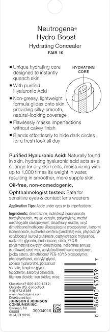 Neutrogena Hydro Boost Hydrating Concealer Stick, Oil-Free, Lightweight Cover-Up Makeup with Hyaluronic Acid Refreshes Dry Skin & Provides Buildable Coverage, 10 Fair, 0.12 Oz - Image 9