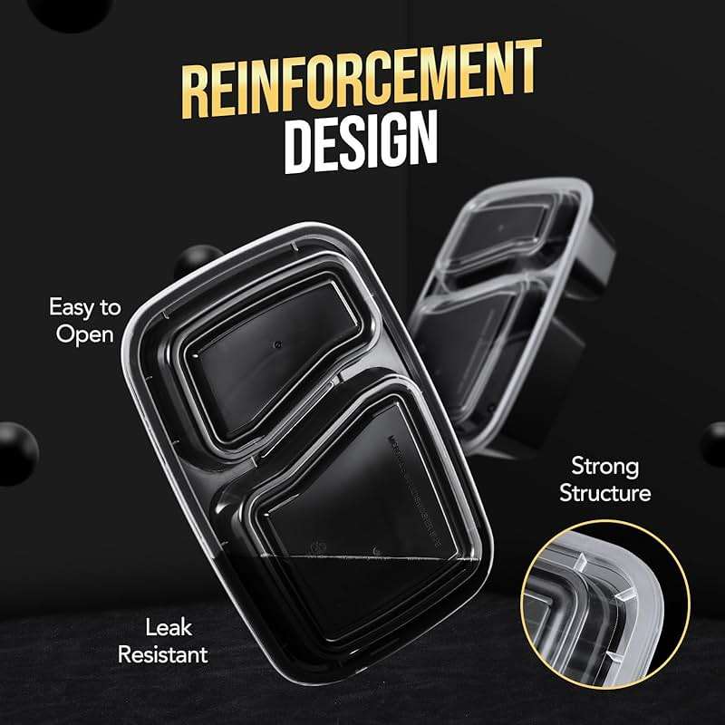 50 Pack (100-Piece) 32 oz Sturdy Leakproof 2-Compartment Meal Prep Containers with Lids, Plastic Food Storage Containers for Lunch, Microwave, Freezer, and Dishwasher Safe Takeout Containers - Image 7
