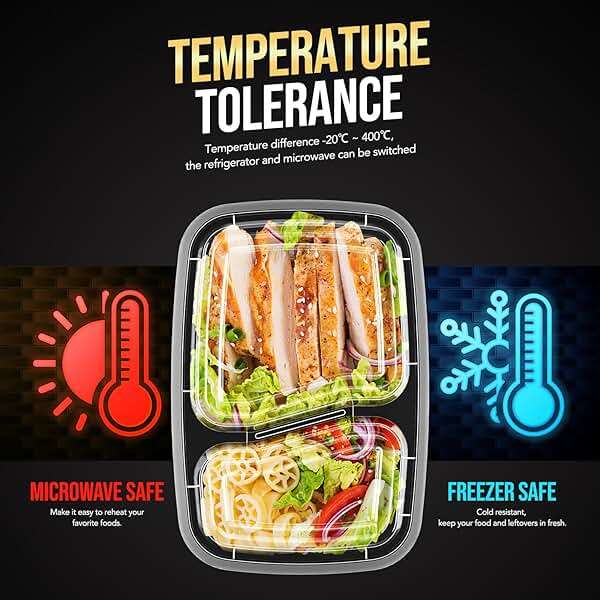 50 Pack (100-Piece) 32 oz Sturdy Leakproof 2-Compartment Meal Prep Containers with Lids, Plastic Food Storage Containers for Lunch, Microwave, Freezer, and Dishwasher Safe Takeout Containers - Image 8