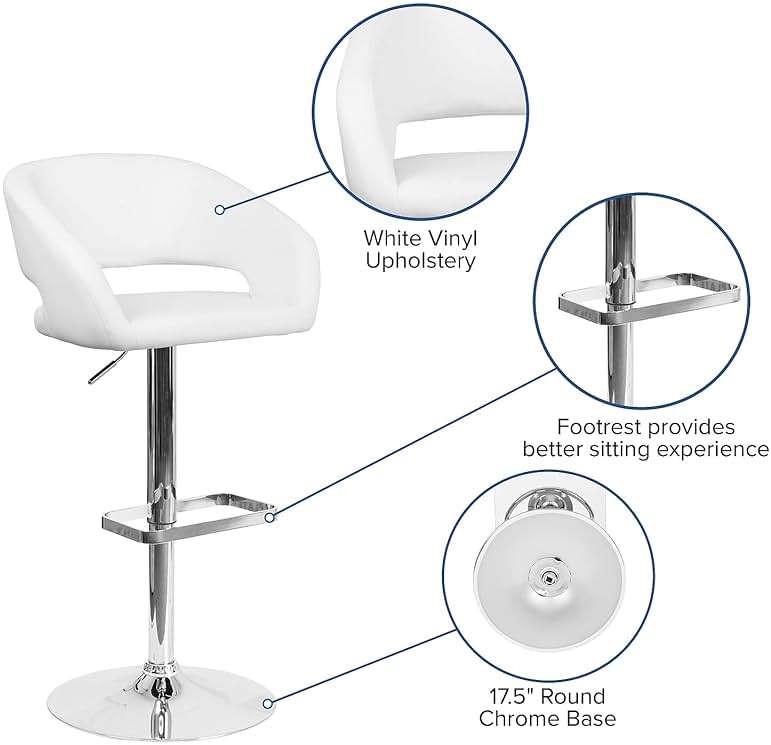 Flash Furniture Erik Contemporary Adjustable Height Barstool with Footrest and Rounded Mid-Back, Upholstered Bar or Counter Height Stool, White/Chrome - Image 5