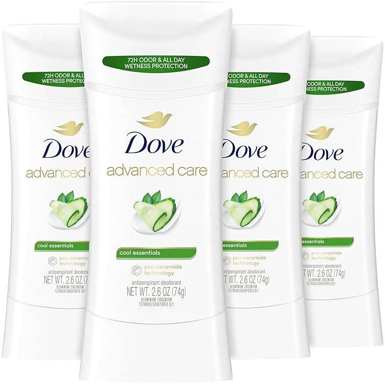 Dove Advanced Care Antiperspirant Deodorant Stick Cool Essentials 4 ct for helping your skin barrier repair after shaving 72 hour odor control and sweat protection with Pro Ceramide Technology 2.6 oz - Image 1
