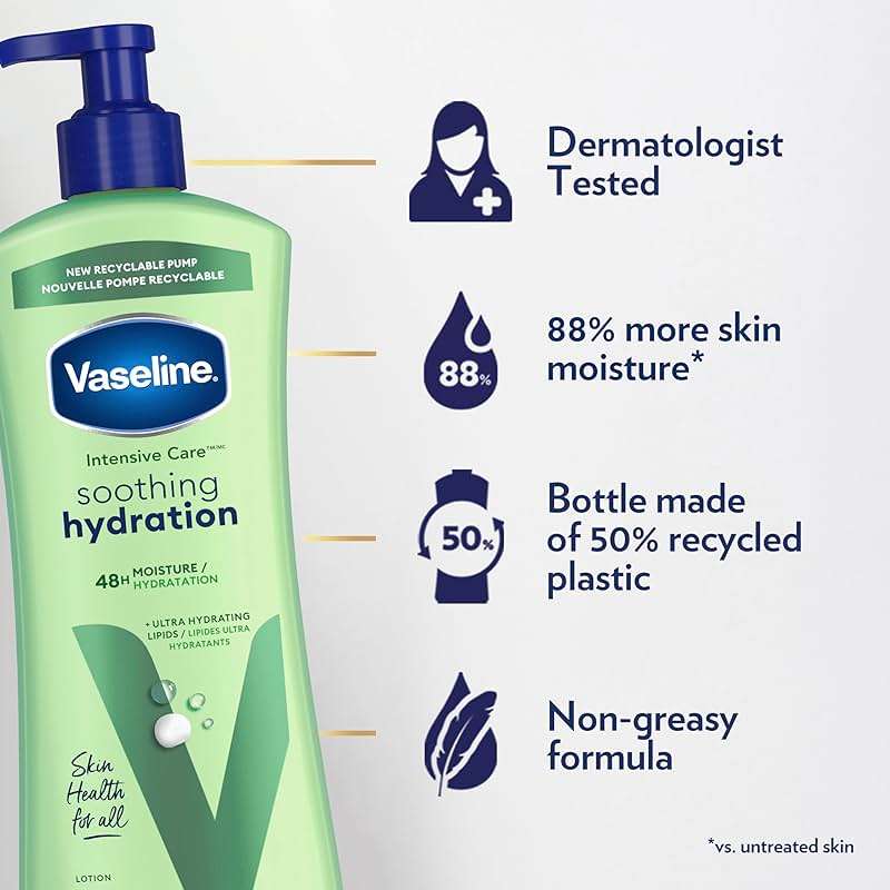 Vaseline Intensive Care Body Lotion for Dry Skin Soothing Hydration Lotion Made with Ultra-Hydrating Lipids + 1% Aloe Vera Extract to Refresh Dehydrated Skin 20.3 oz, Pack of 3 (packaging May Vary) - Image 4