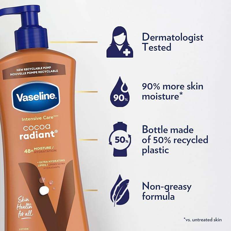 Vaseline Intensive Care Body Lotion Cocoa Radiant 3 count for Dry Skin Lotion Made with Ultra-Hydrating Lipids and Pure Cocoa Butter for a Long-Lasting, Radiant Glow 20.3 Oz - Image 4