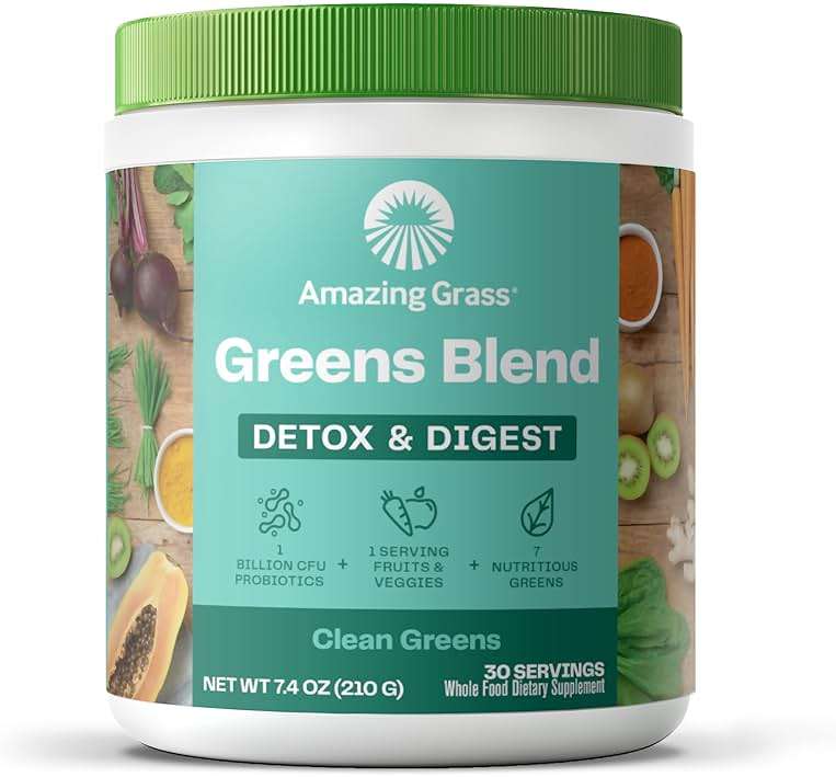 Amazing Grass Greens Blend Detox & Digest, Smoothie Mix, Cleanse with Super Greens Powder, Digestive Enzymes & Probiotics, Clean Greens, 30 Servings, 7.4 Ounce (Packaging May Vary) - Image 1