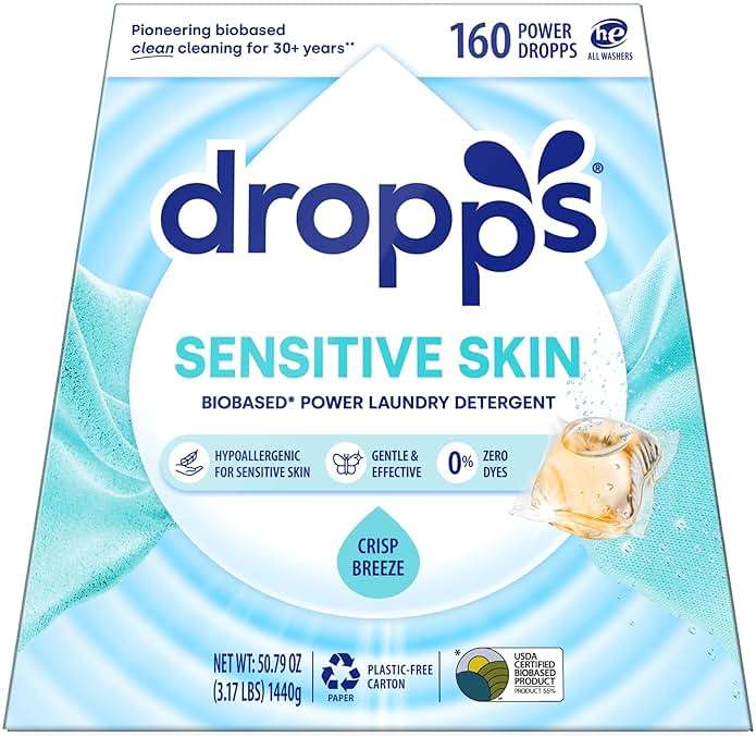 Dropps Sensitive Skin Laundry Detergent Pods, Crisp Breeze (160 Count) - Dermatologist Tested Laundry Pods - HE Compatible Laundry Supplies for Clean Clothes, Vegan & Dye-Free - Image 1