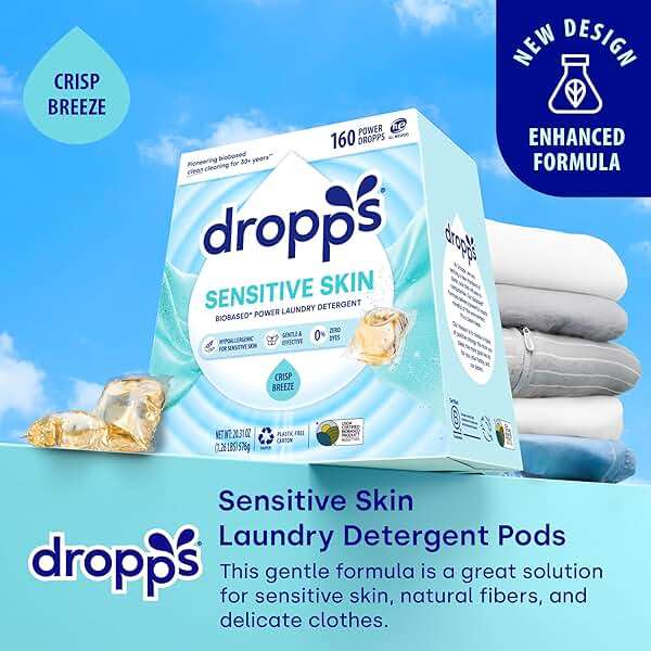 Dropps Sensitive Skin Laundry Detergent Pods, Crisp Breeze (160 Count) - Dermatologist Tested Laundry Pods - HE Compatible Laundry Supplies for Clean Clothes, Vegan & Dye-Free - Image 3