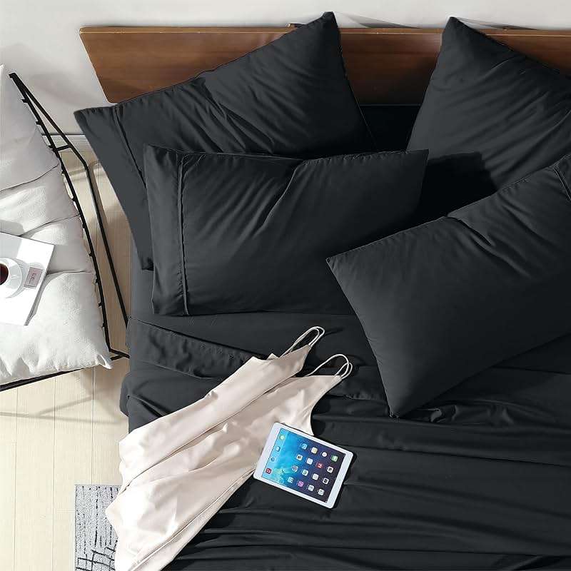 Swift Home Queen Ultra-Soft Brushed Microfiber 6-Piece Bed Sheet Sets, Extremely Durable - Easy Fit - Wrinkle Resistant - (Includes 2 Bonus Pillowcases), Queen, Black - Image 1