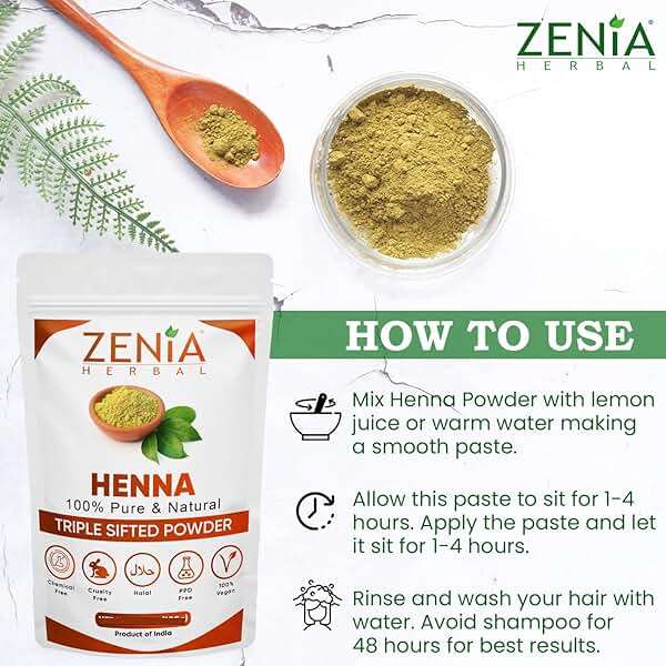 Zenia 100% Pure & Natural Henna Powder (Lawsonia Inermis) | 100g (3.5 oz) | Orange-Red Hair Color | Triple Sifted | Fresh from Rajasthan | No Chemicals, No Additives - Image 5