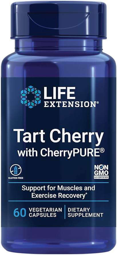 Life Extension Tart Cherry with CherryPURE®, anthocyanins, oxidative Stress, Muscle Recovery, Exercise Support, Muscle Comfort, Vegetarian, Gluten-Free, Non-GMO, 60 Capsules - Image 1