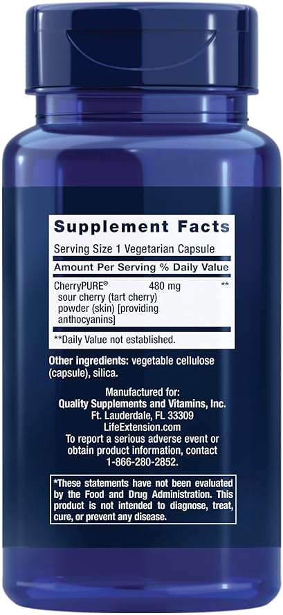 Life Extension Tart Cherry with CherryPURE®, anthocyanins, oxidative Stress, Muscle Recovery, Exercise Support, Muscle Comfort, Vegetarian, Gluten-Free, Non-GMO, 60 Capsules - Image 2