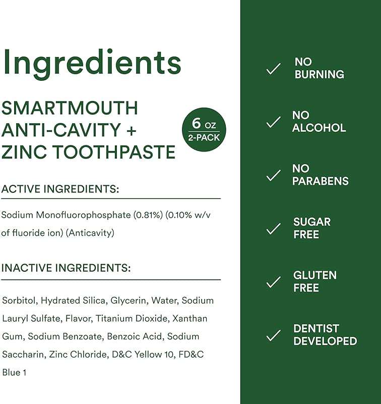 SmartMouth Anti-Cavity + Zinc Toothpaste - Fluoride for Cavity Prevention - Remineralizes Enamel - Sensitive Whitening - Alcohol-Free, Sugar-Free & Gluten-Free - 6 oz, 2-Pack - Image 8