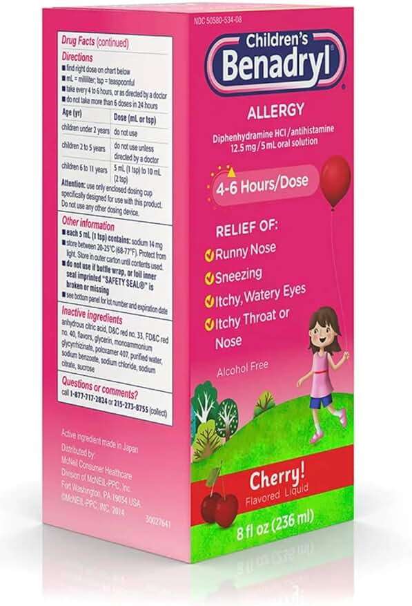Benadryl Allergy Liquid Cherry For Children 8 Fl oz (Pack of 2) - Image 3