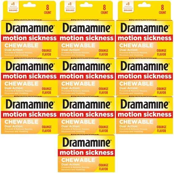 Dramamine Chewable Formula Motion Sickness Relief, 8 Orange Flavored Tablets Each (Value Pack of 10) - Image 1