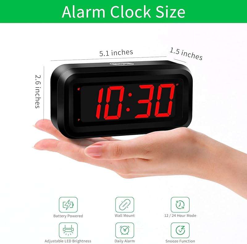 Alarm Clock, LED Digital Clock, Small Wall Clock, Battery Operated, Adjustable 3-Level Led Brightness, Dim Night Mode, 12/24Hr, Cordless, Constantly 1.2'' Digits Display for Bedroom/Travel,Easy to Set - Image 3