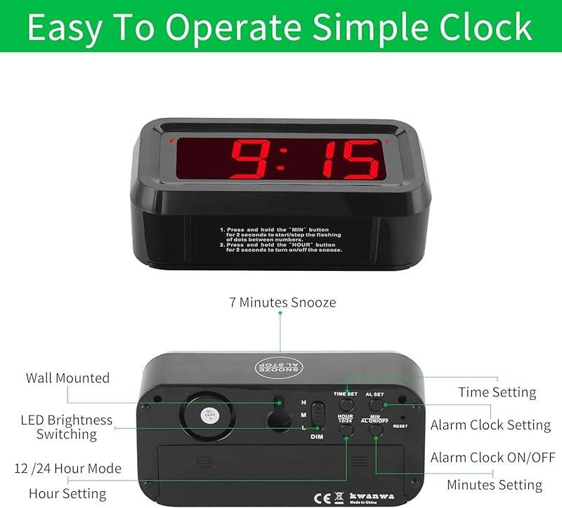 Alarm Clock, LED Digital Clock, Small Wall Clock, Battery Operated, Adjustable 3-Level Led Brightness, Dim Night Mode, 12/24Hr, Cordless, Constantly 1.2'' Digits Display for Bedroom/Travel,Easy to Set - Image 6