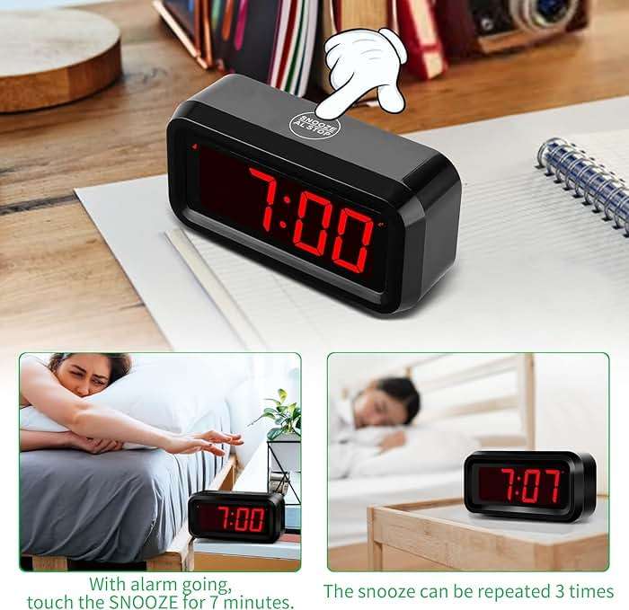 Alarm Clock, LED Digital Clock, Small Wall Clock, Battery Operated, Adjustable 3-Level Led Brightness, Dim Night Mode, 12/24Hr, Cordless, Constantly 1.2'' Digits Display for Bedroom/Travel,Easy to Set - Image 7