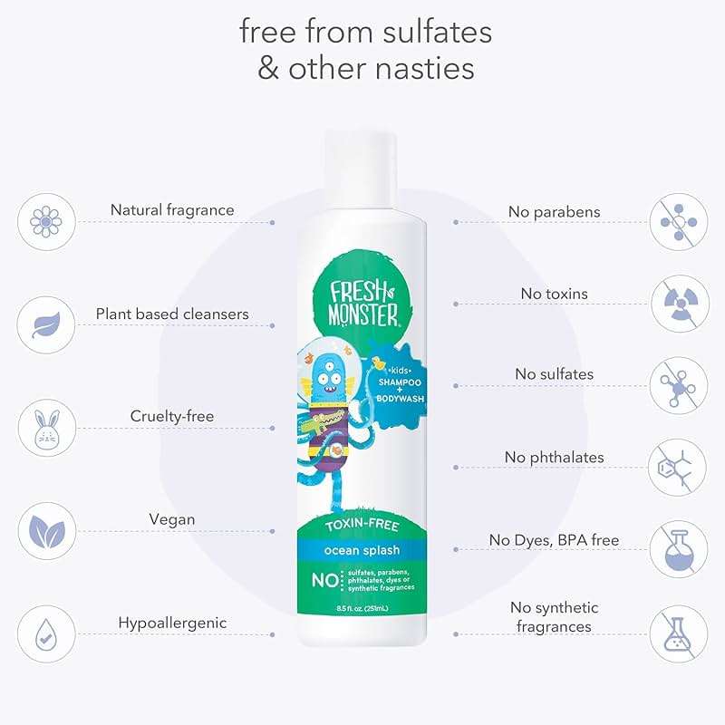Fresh Monster 2-in-1 Natural Shampoo & Body Wash for Kids, Toxin-Free, Hypoallergenic, Ocean Splash (2 Pack, 8.5oz/each) - Image 4