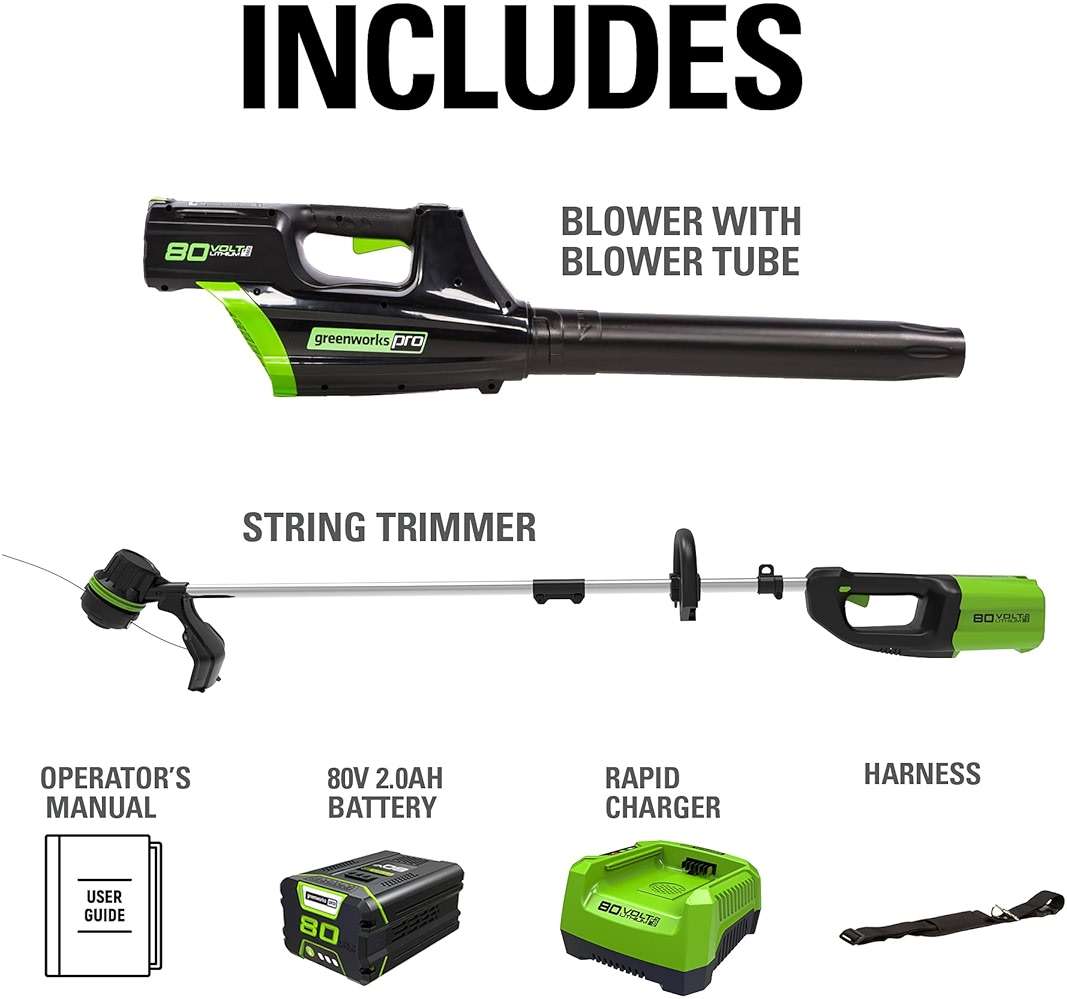 Greenworks 80V Brushless Cordless Yard Tool Combo Kit with 2.0Ah Battery & Rapid Charger – 16" Dual-Line String Trimmer and 500 CFM / 125 MPH Leaf Blower, Variable Speed, 4-Year Warranty - Image 11